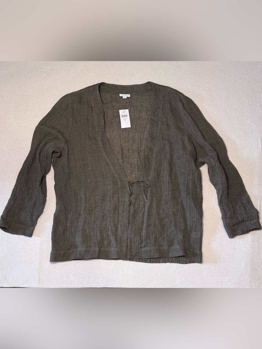 J. Jill Olive Green Linen Tie-Front Tunic Cardigan, Lagenlook, Cottagecore